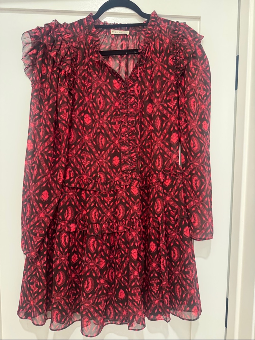 Ulla Johnson Magenta and Black Patterned Ruffle Mini Dress